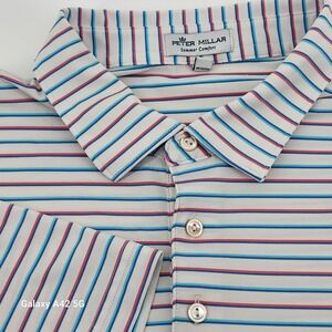 Peter Millar Summer Comfort Polo Shirt Men XXL White Red Blue Stripe Golf Casual